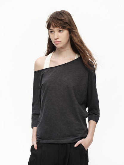 RUN TO THE FUTURE Deep Gray Slub Texture Asymmetric Shoulder Women&