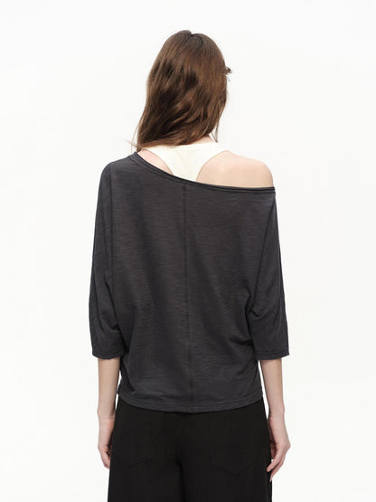 RUN TO THE FUTURE Deep Gray Slub Texture Asymmetric Shoulder Women&