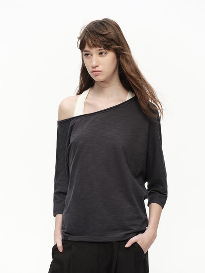 RUN TO THE FUTURE Deep Gray Slub Texture Asymmetric Shoulder Women&