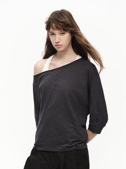 RUN TO THE FUTURE Deep Gray Slub Texture Asymmetric Shoulder Women&