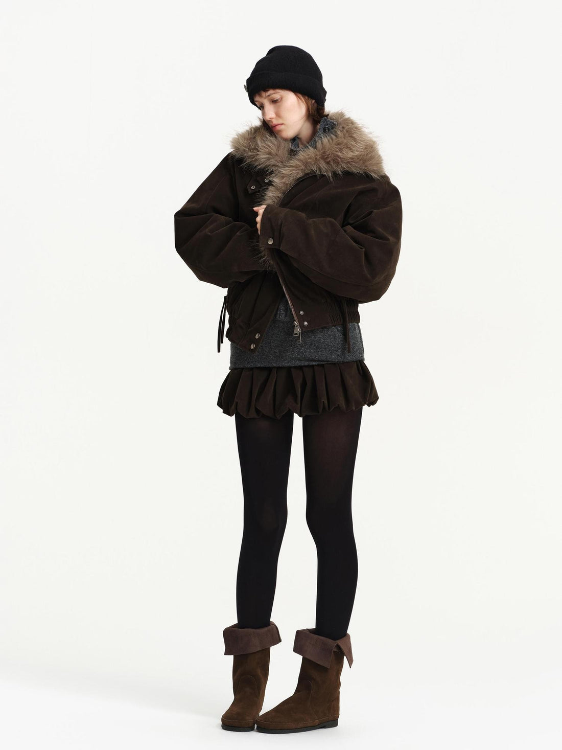 RUN TO THE FUTURE Detachable Faux Fur Collar Suede Women&