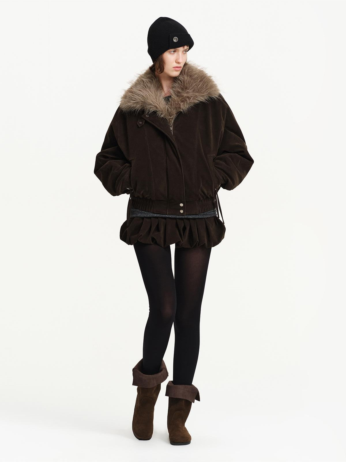 RUN TO THE FUTURE Detachable Faux Fur Collar Suede Women&