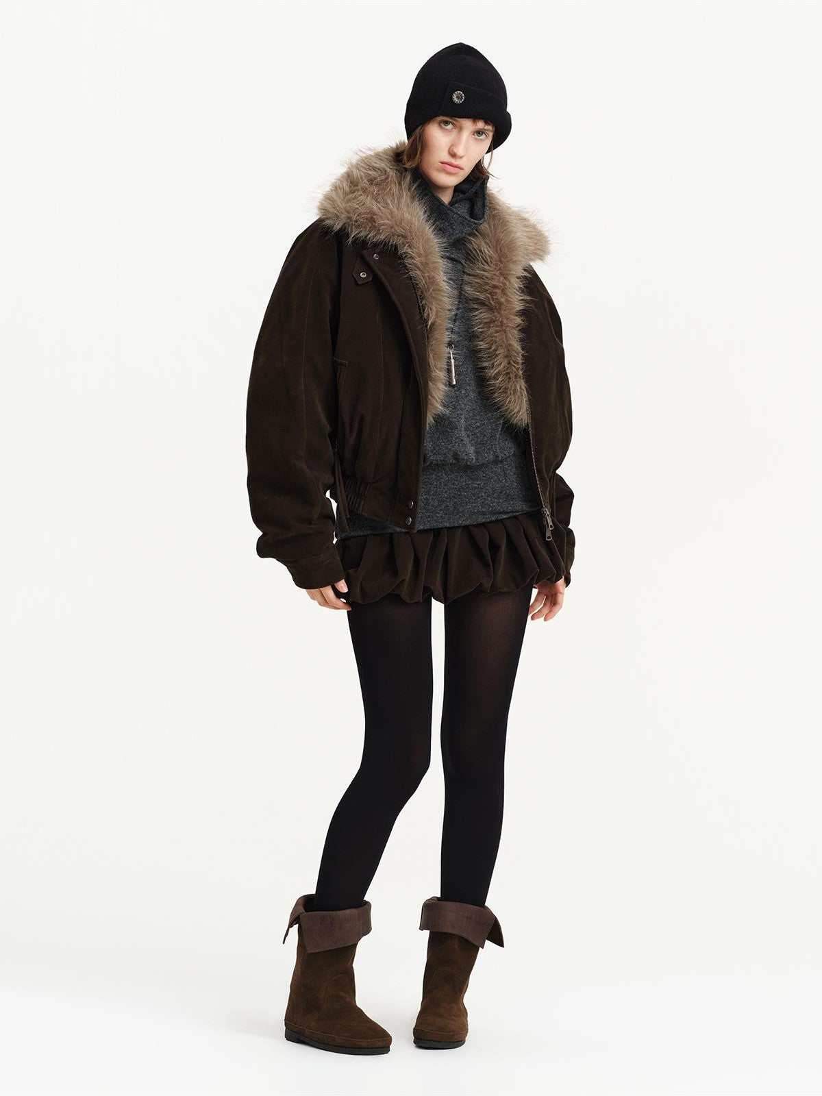 RUN TO THE FUTURE Detachable Faux Fur Collar Suede Women&