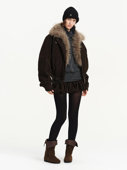 RUN TO THE FUTURE Detachable Faux Fur Collar Suede Women&