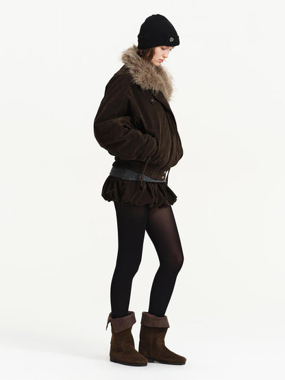 RUN TO THE FUTURE Detachable Faux Fur Collar Suede Women&