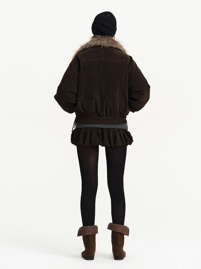 RUN TO THE FUTURE Detachable Faux Fur Collar Suede Women&