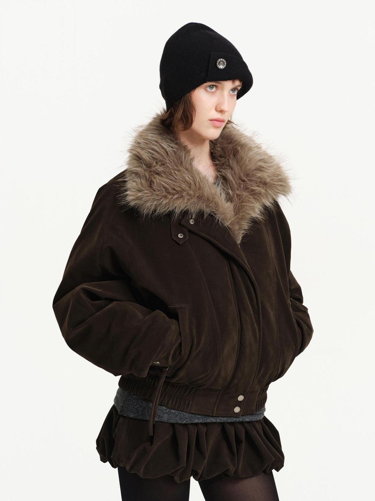 RUN TO THE FUTURE Detachable Faux Fur Collar Suede Women&