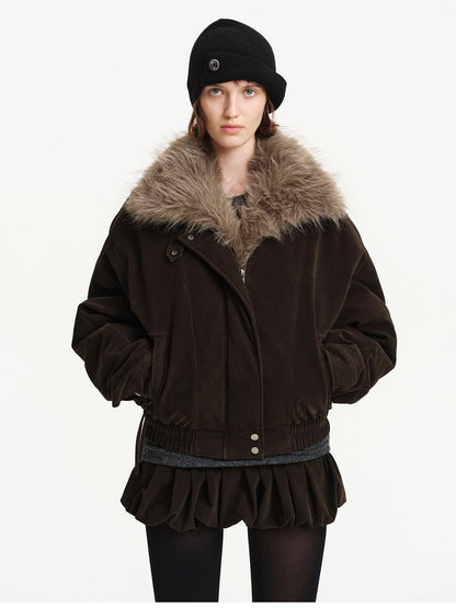 RUN TO THE FUTURE Detachable Faux Fur Collar Suede Women&