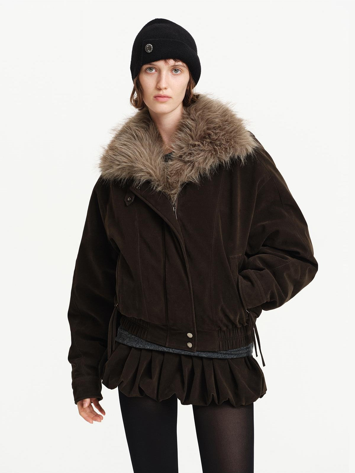 RUN TO THE FUTURE Detachable Faux Fur Collar Suede Women&