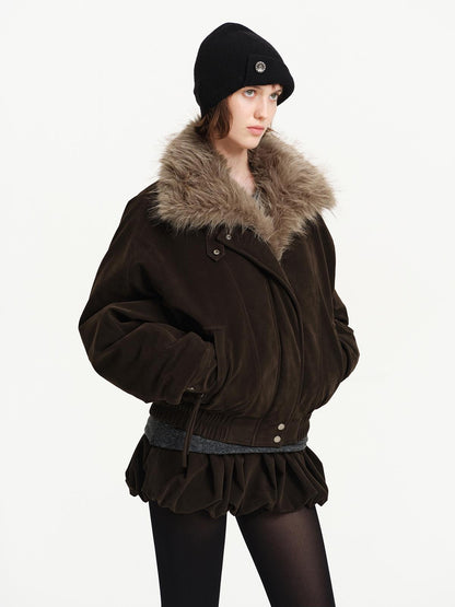 RUN TO THE FUTURE Detachable Faux Fur Collar Suede Women&