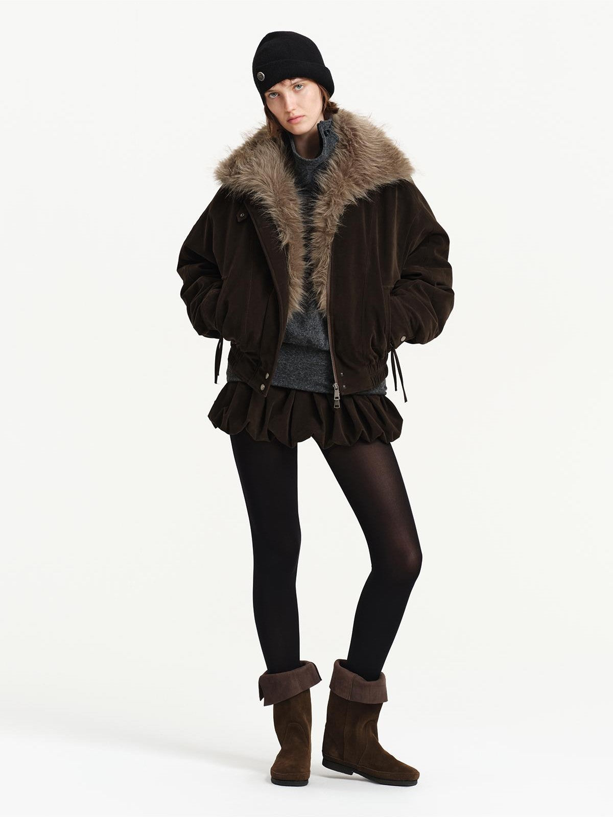 RUN TO THE FUTURE Detachable Faux Fur Collar Suede Women&