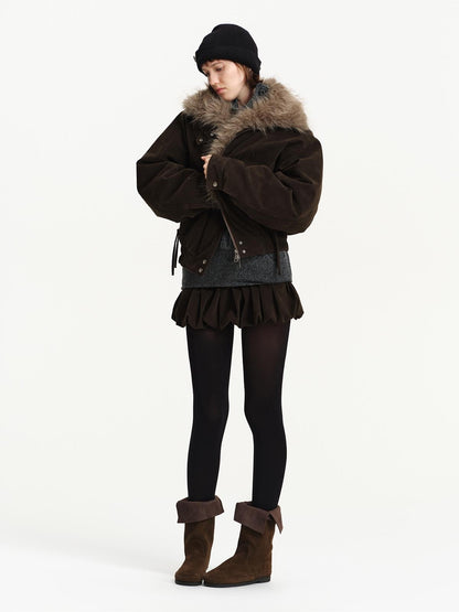 RUN TO THE FUTURE Detachable Faux Fur Collar Suede Women&