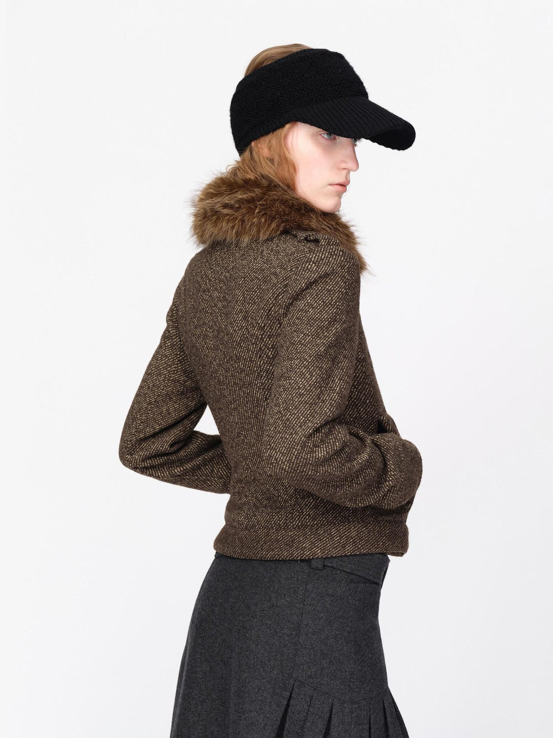 RUN TO THE FUTURE Detachable Fur Collar Double Breasted Cinched Twill Wool Women&
