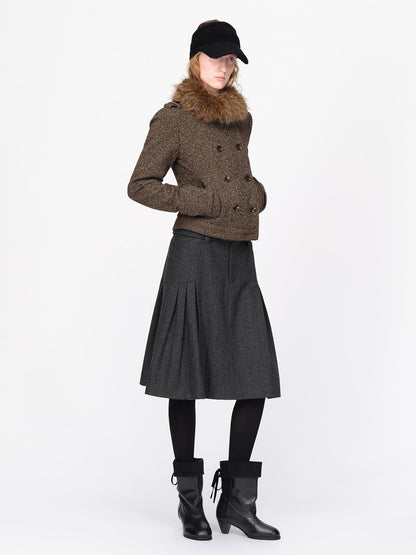 RUN TO THE FUTURE Detachable Fur Collar Double Breasted Cinched Twill Wool Women&
