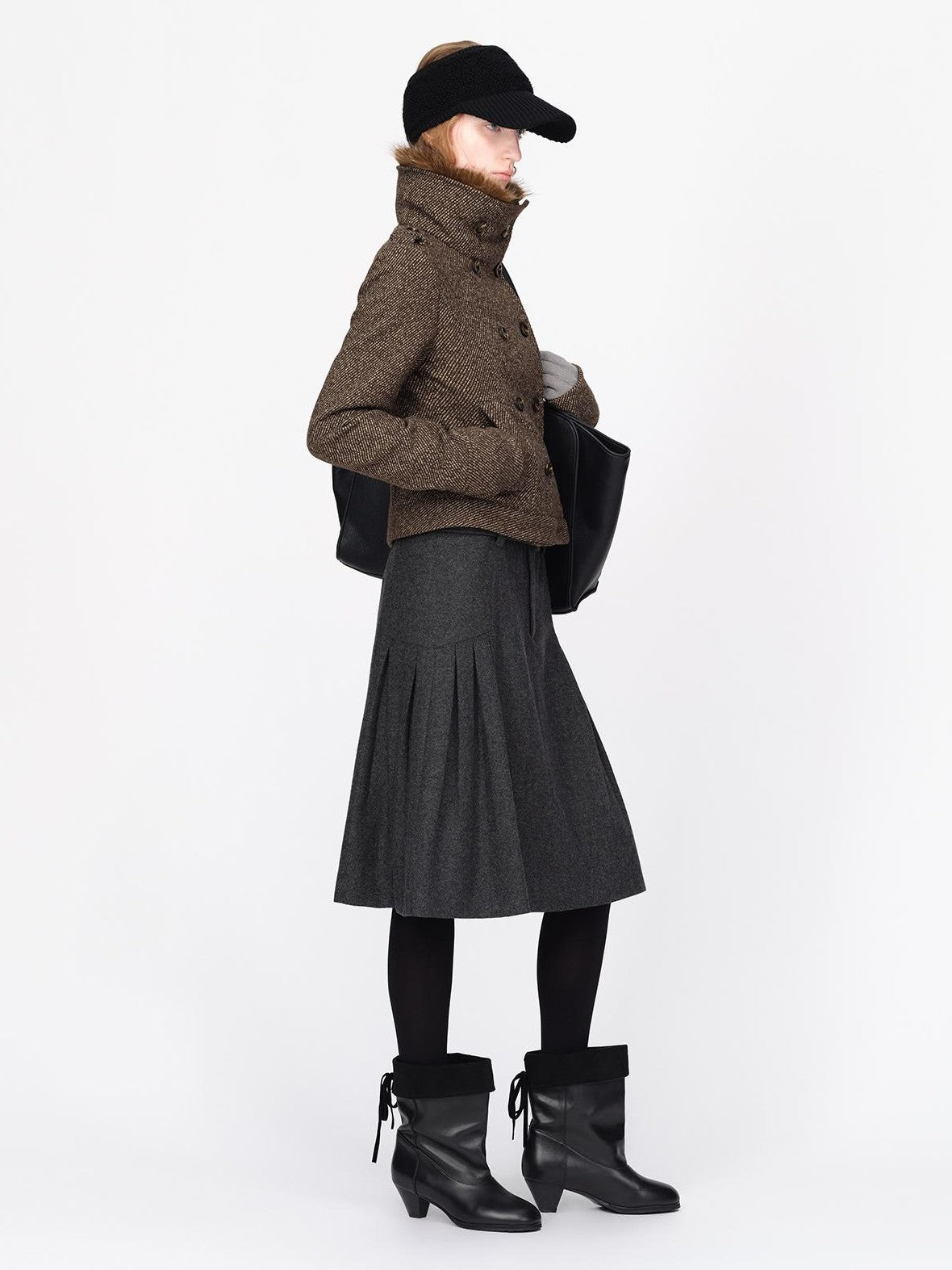 RUN TO THE FUTURE Detachable Fur Collar Double Breasted Cinched Twill Wool Women&