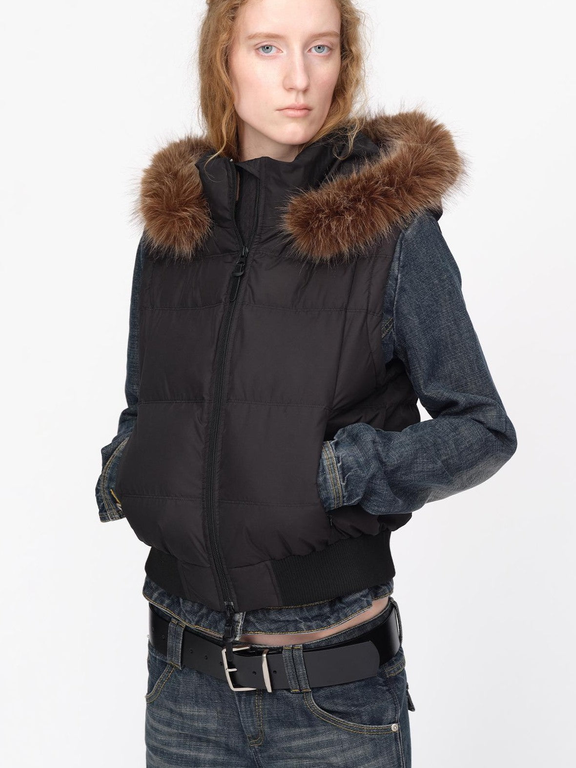 RUN TO THE FUTURE Detachable Sleeves Hooded 90 White Duck Down Quilted Women&