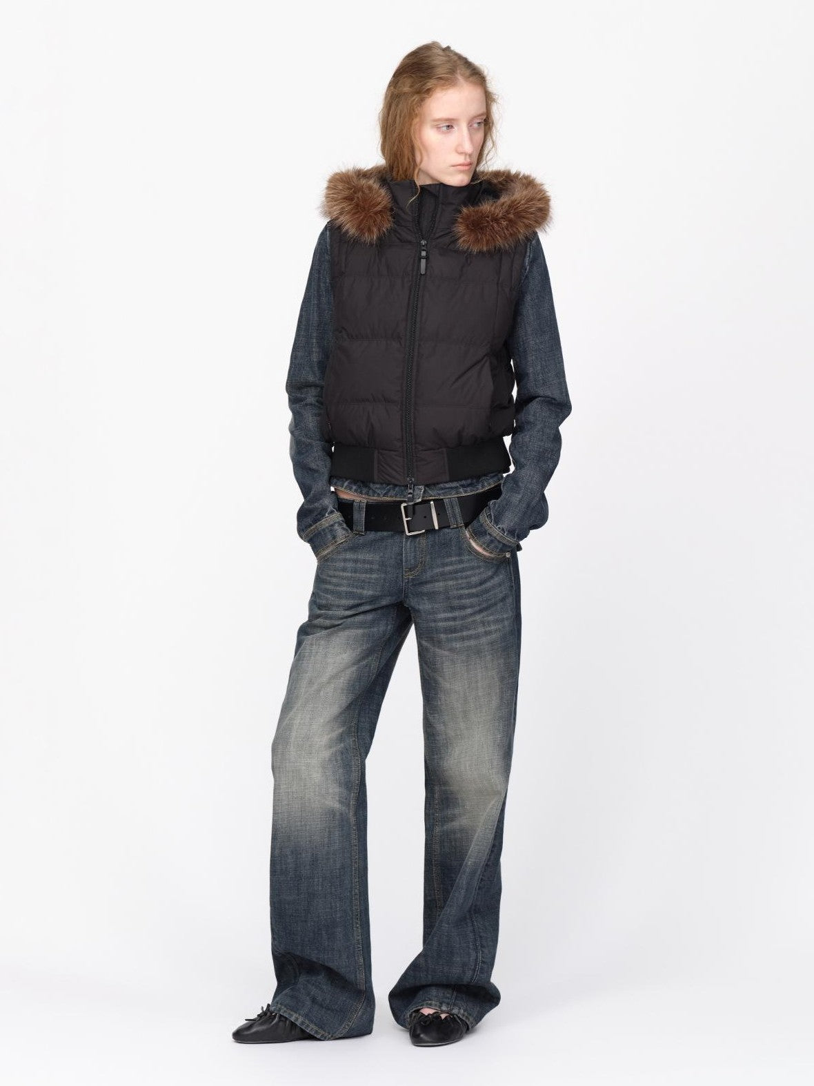 RUN TO THE FUTURE Detachable Sleeves Hooded 90 White Duck Down Quilted Women&