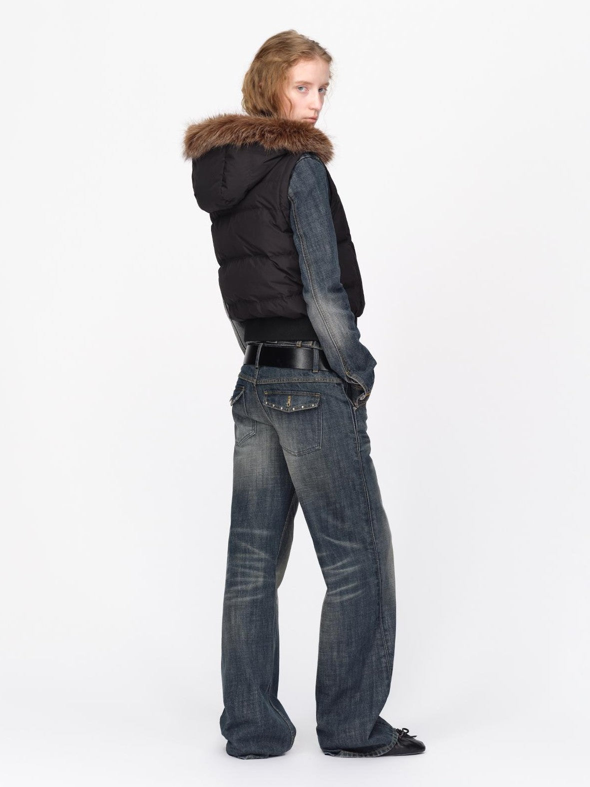 RUN TO THE FUTURE Detachable Sleeves Hooded 90 White Duck Down Quilted Women&