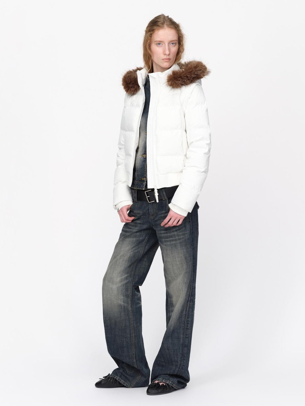 RUN TO THE FUTURE Detachable Sleeves Hooded 90 White Duck Down Quilted Women&
