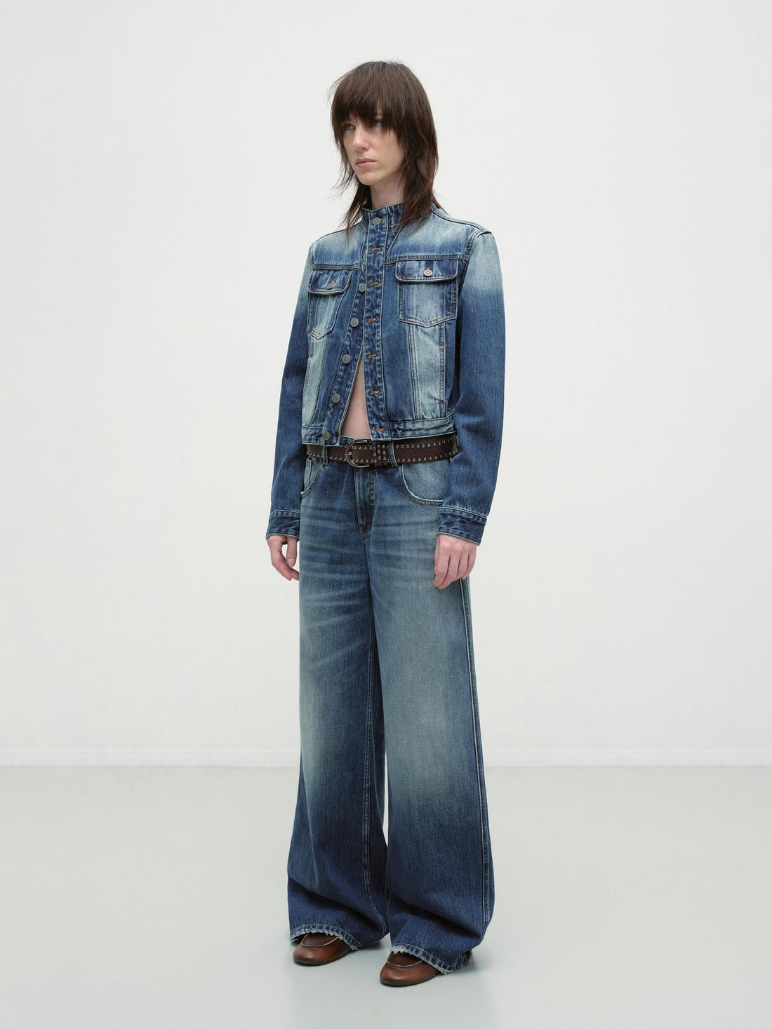 RUN TO THE FUTURE Distressed Blue Vintage Cropped Stand Collar Multi Pocket Women&