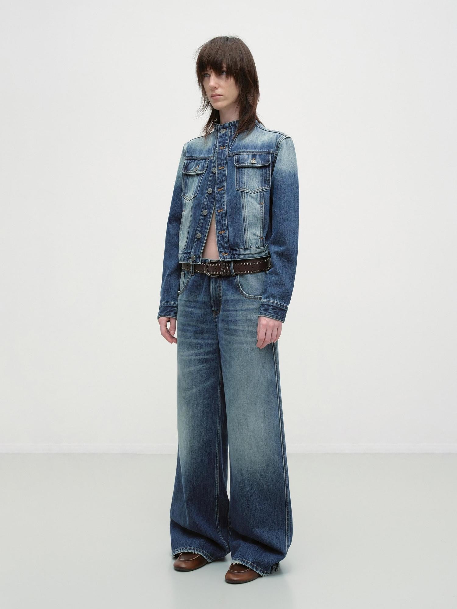 RUN TO THE FUTURE Distressed Blue Vintage Cropped Stand Collar Multi Pocket Women&