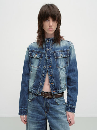 RUN TO THE FUTURE Distressed Blue Vintage Cropped Stand Collar Multi Pocket Women&