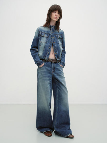 RUN TO THE FUTURE Distressed Blue Vintage Cropped Stand Collar Multi Pocket Women&