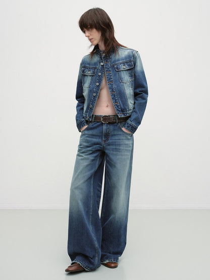 RUN TO THE FUTURE Distressed Blue Vintage Cropped Stand Collar Multi Pocket Women&