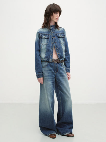 RUN TO THE FUTURE Distressed Blue Vintage Cropped Stand Collar Multi Pocket Women&