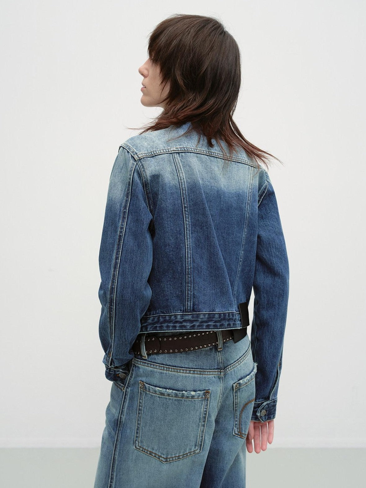 RUN TO THE FUTURE Distressed Blue Vintage Cropped Stand Collar Multi Pocket Women&