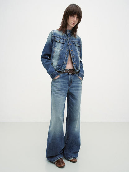 RUN TO THE FUTURE Distressed Blue Vintage Cropped Stand Collar Multi Pocket Women&