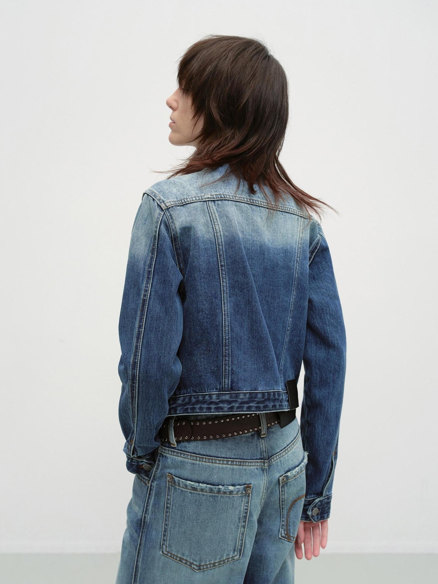 RUN TO THE FUTURE Distressed Blue Vintage Cropped Stand Collar Multi Pocket Women&