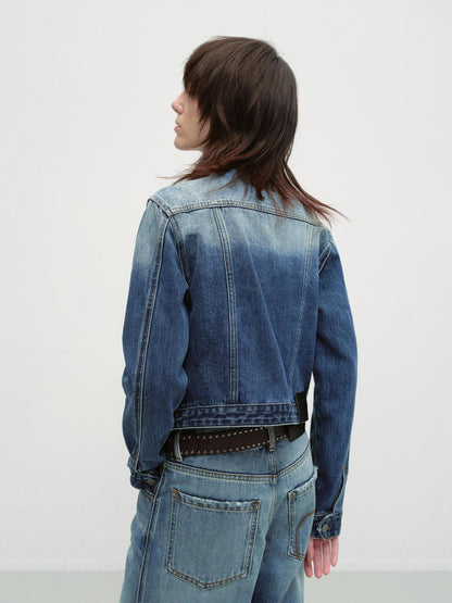 RUN TO THE FUTURE Distressed Blue Vintage Cropped Stand Collar Multi Pocket Women&