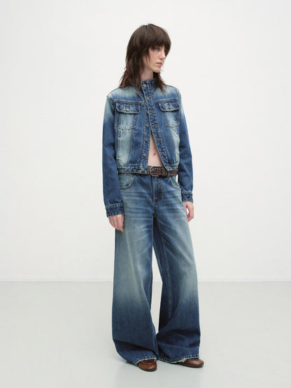 RUN TO THE FUTURE Distressed Blue Vintage Cropped Stand Collar Multi Pocket Women&