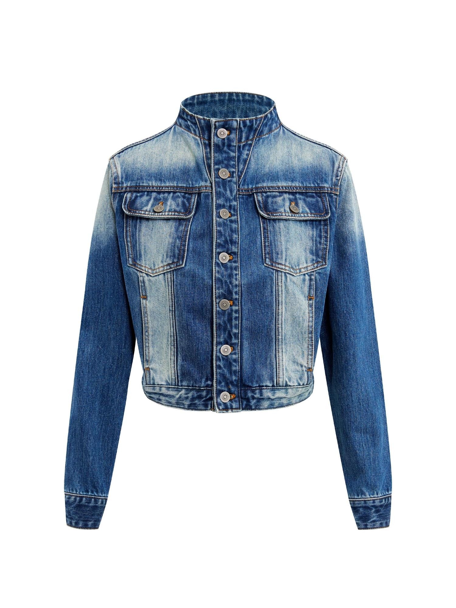 RUN TO THE FUTURE Distressed Blue Vintage Cropped Stand Collar Multi Pocket Women&