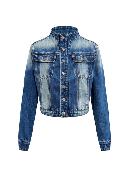 RUN TO THE FUTURE Distressed Blue Vintage Cropped Stand Collar Multi Pocket Women&