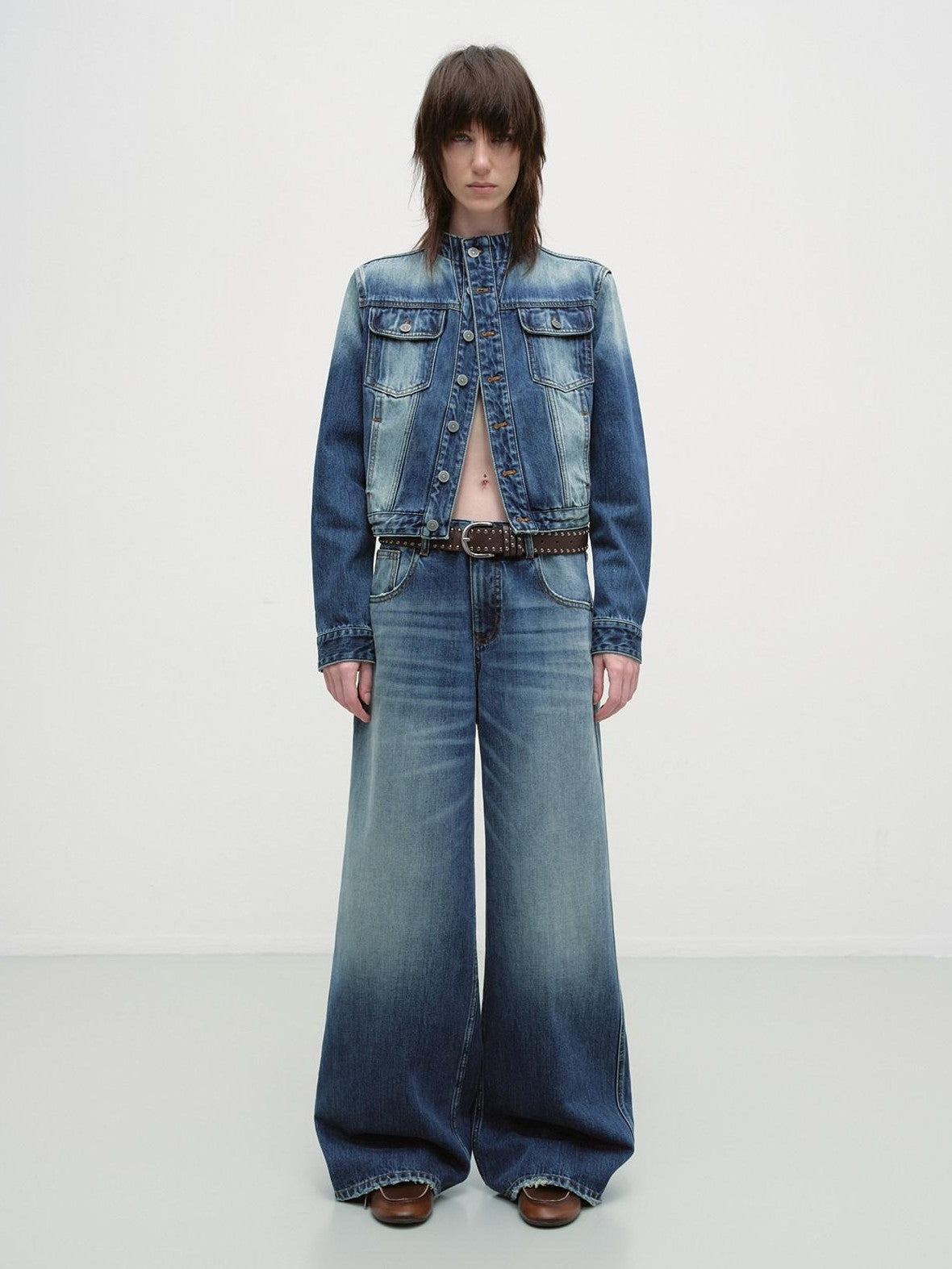 RUN TO THE FUTURE Distressed Blue Vintage Cropped Stand Collar Multi Pocket Women&