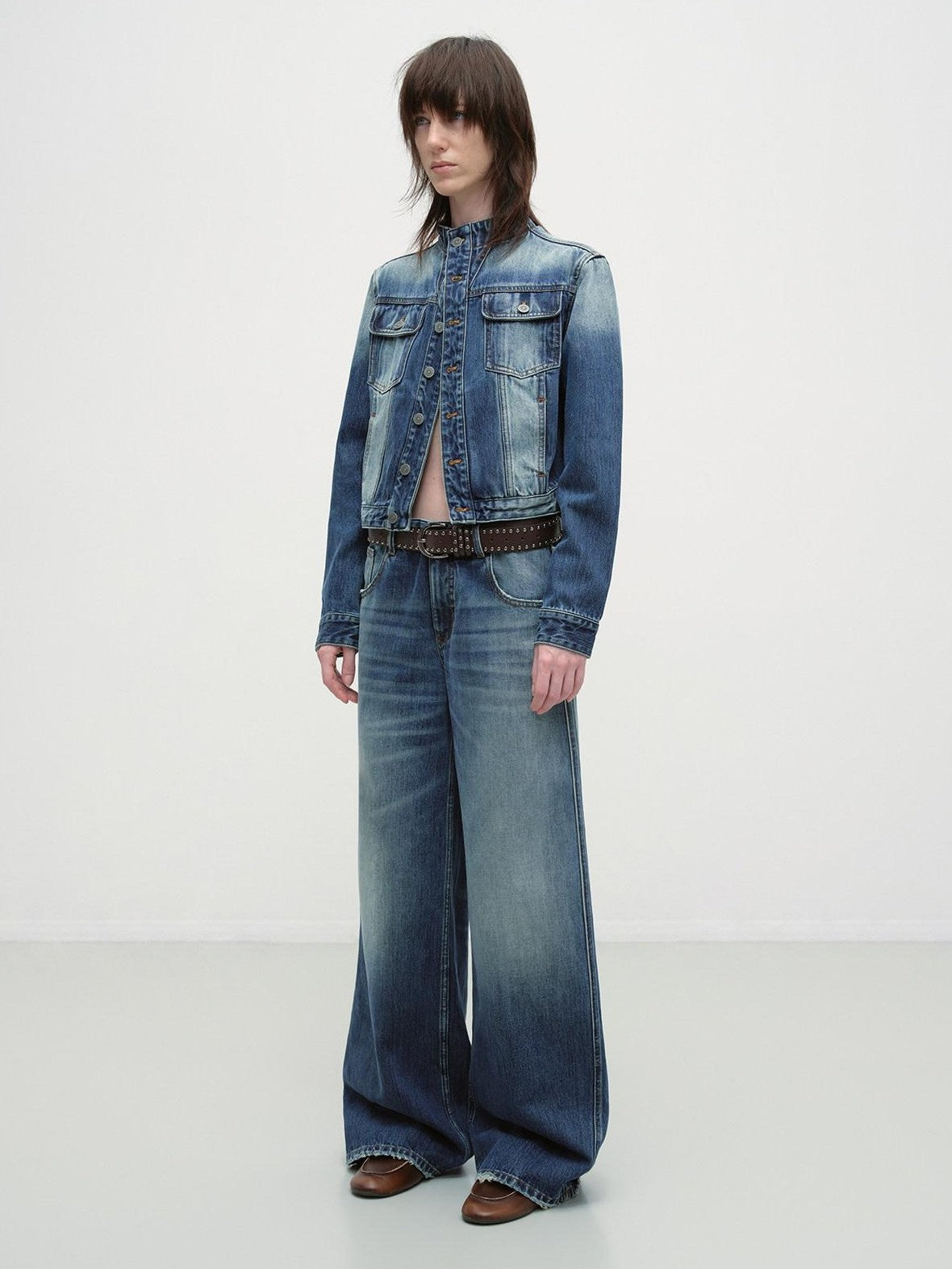 RUN TO THE FUTURE Distressed Blue Vintage Cropped Stand Collar Multi Pocket Women&