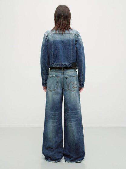 RUN TO THE FUTURE Distressed Blue Vintage Cropped Stand Collar Multi Pocket Women&