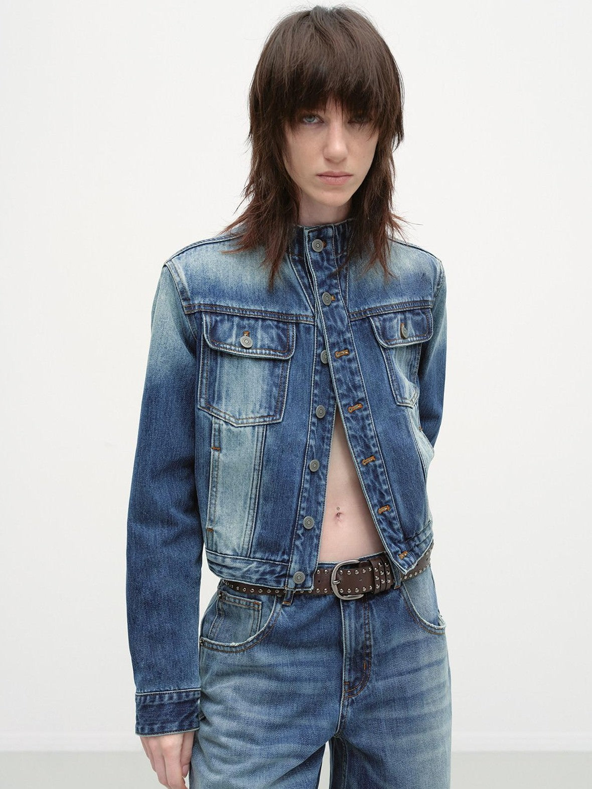 RUN TO THE FUTURE Distressed Blue Vintage Cropped Stand Collar Multi Pocket Women&