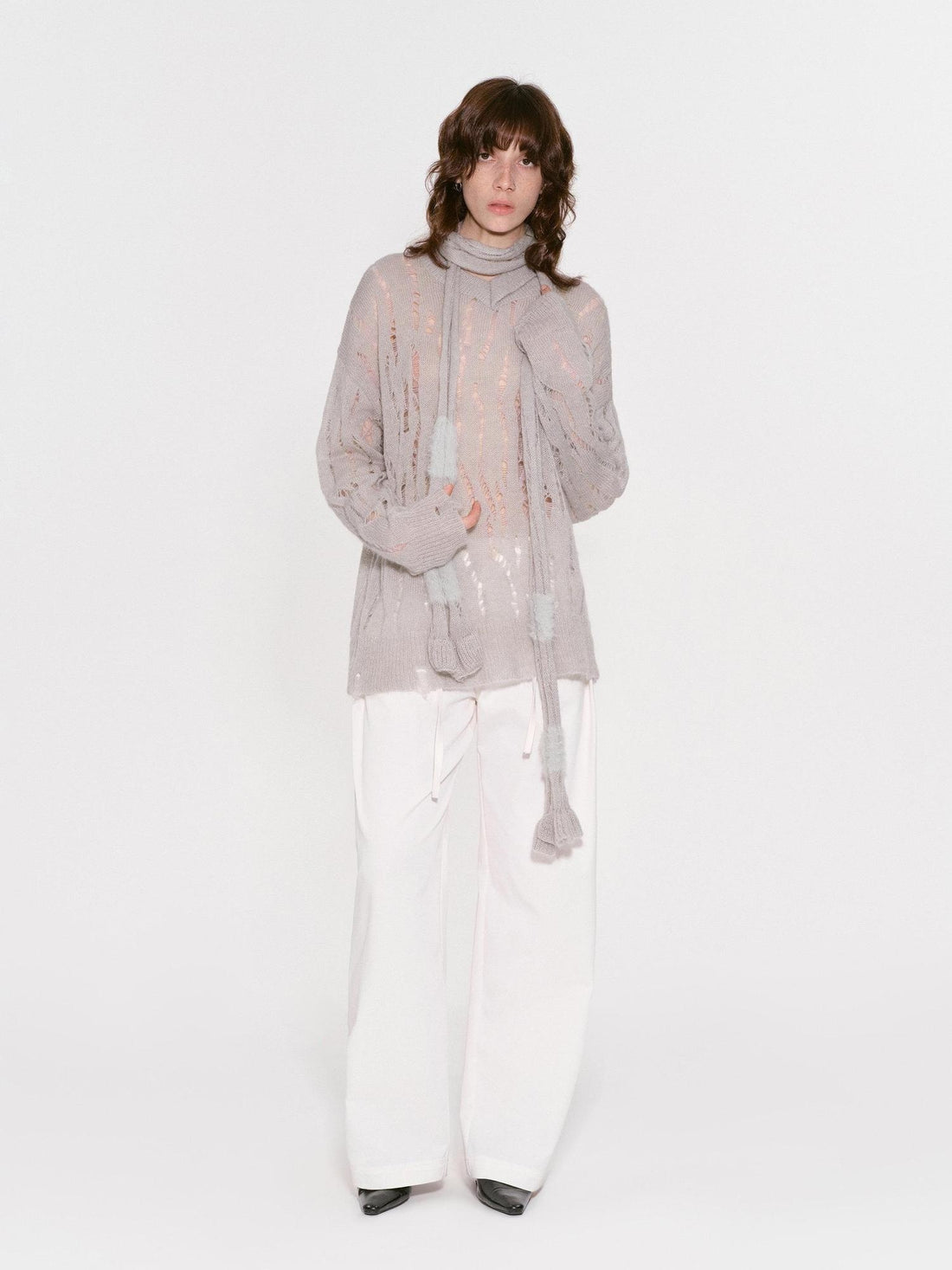 RUN TO THE FUTURE Distressed Hollow V-neck Loose Knit Commuter Young Women Wool Blend Sweaters