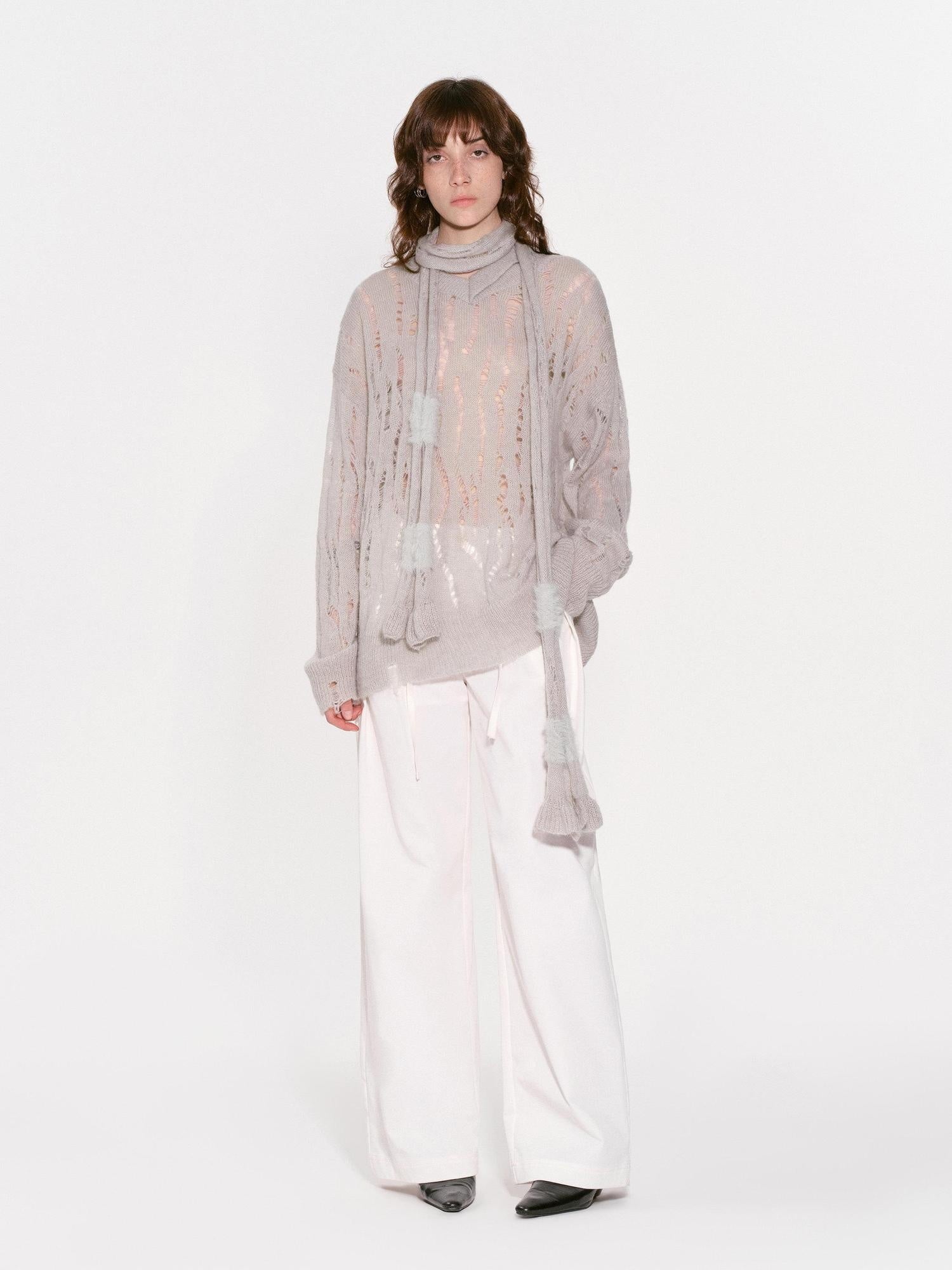 RUN TO THE FUTURE Distressed Hollow V-neck Loose Knit Commuter Young Women Wool Blend Sweaters