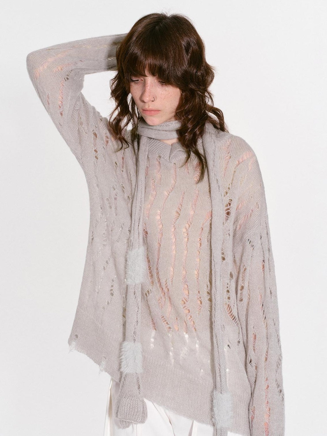 RUN TO THE FUTURE Distressed Hollow V-neck Loose Knit Commuter Young Women Wool Blend Sweaters