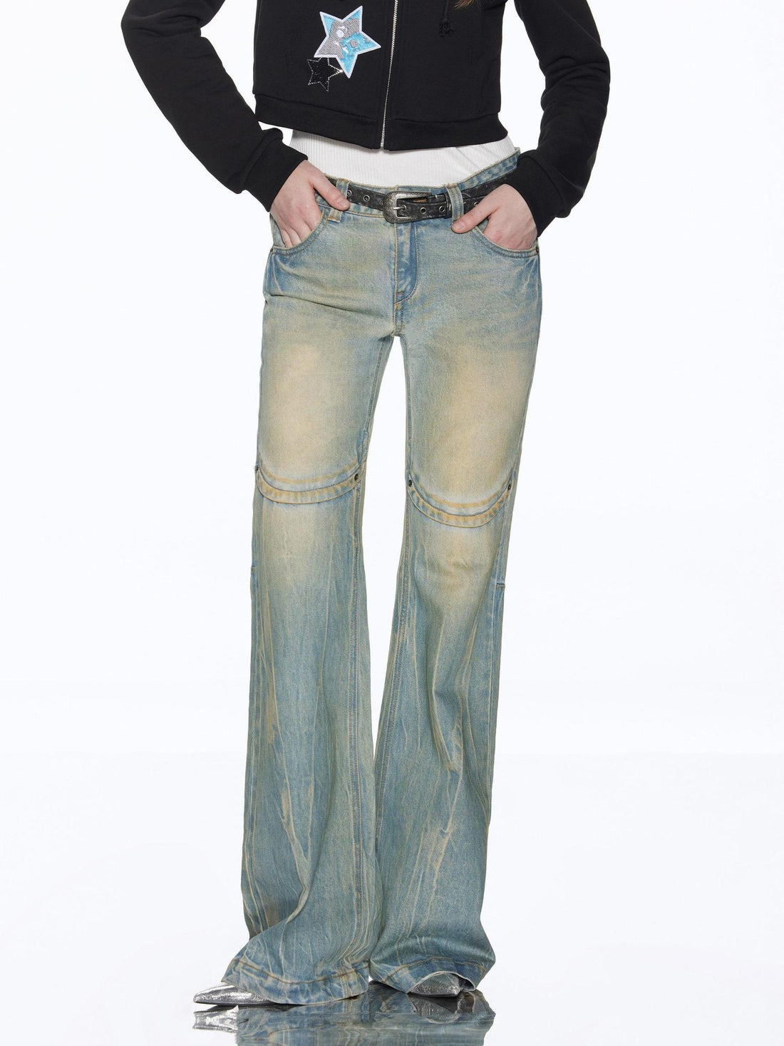 RUN TO THE FUTURE Distressed Vintage Low Rise Slim Fit Women Denim Blue Slight Stretch Flare Jeans