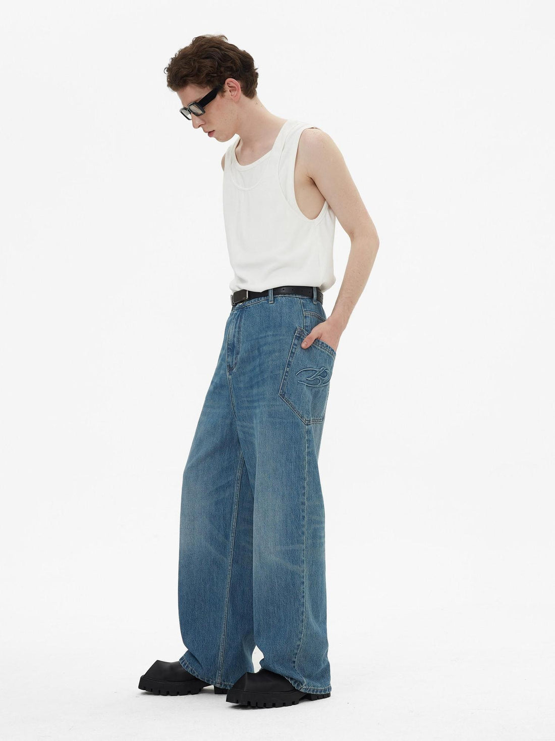 RUN TO THE FUTURE Durable Washed Mid Rise Loose Straight Urban Casual Denim Blue Wide-Leg Jeans