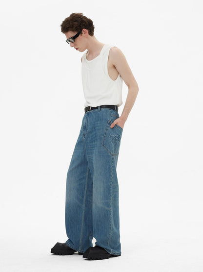 RUN TO THE FUTURE Durable Washed Mid Rise Loose Straight Urban Casual Denim Blue Wide-Leg Jeans