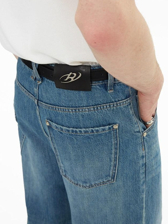 RUN TO THE FUTURE Durable Washed Mid Rise Loose Straight Urban Casual Denim Blue Wide-Leg Jeans