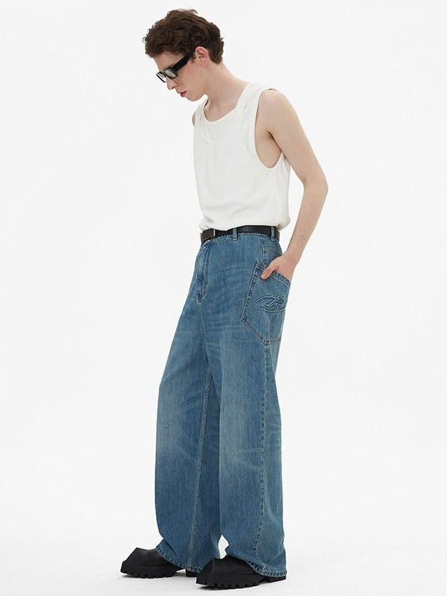 RUN TO THE FUTURE Durable Washed Mid Rise Loose Straight Urban Casual Denim Blue Wide-Leg Jeans