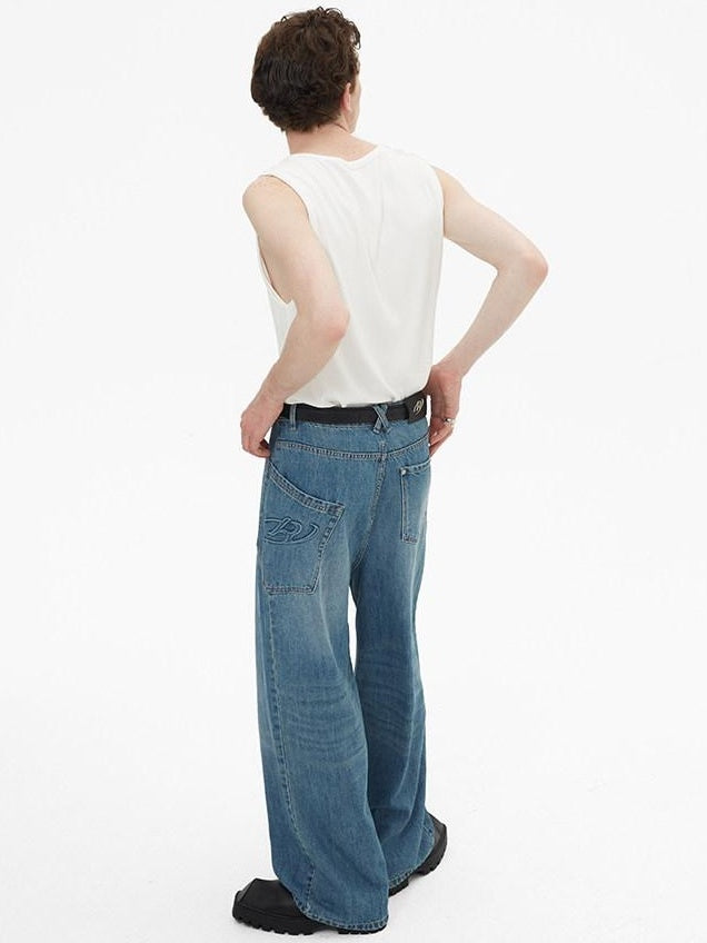 RUN TO THE FUTURE Durable Washed Mid Rise Loose Straight Urban Casual Denim Blue Wide-Leg Jeans