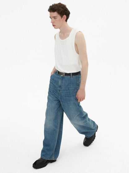 RUN TO THE FUTURE Durable Washed Mid Rise Loose Straight Urban Casual Denim Blue Wide-Leg Jeans